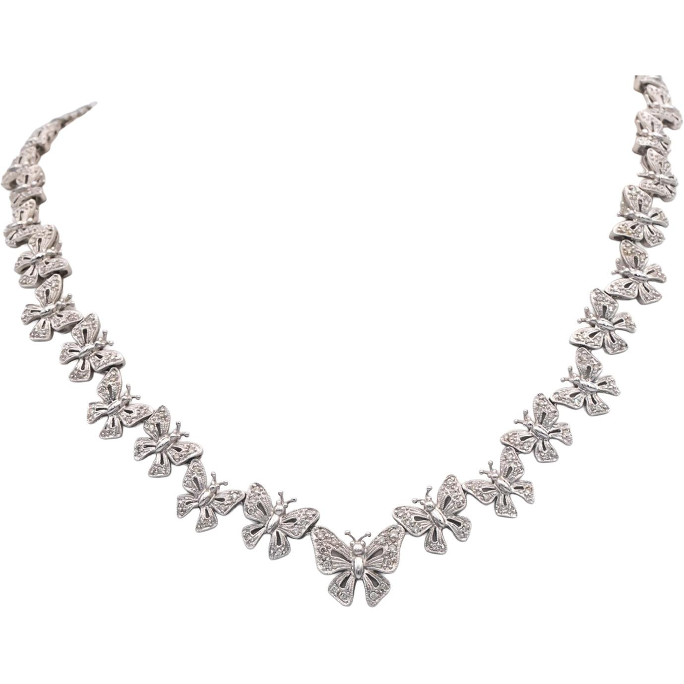 Diamond Round Cut 18k White Gold Graduated Width Butterfly Link Necklace 0.60CT