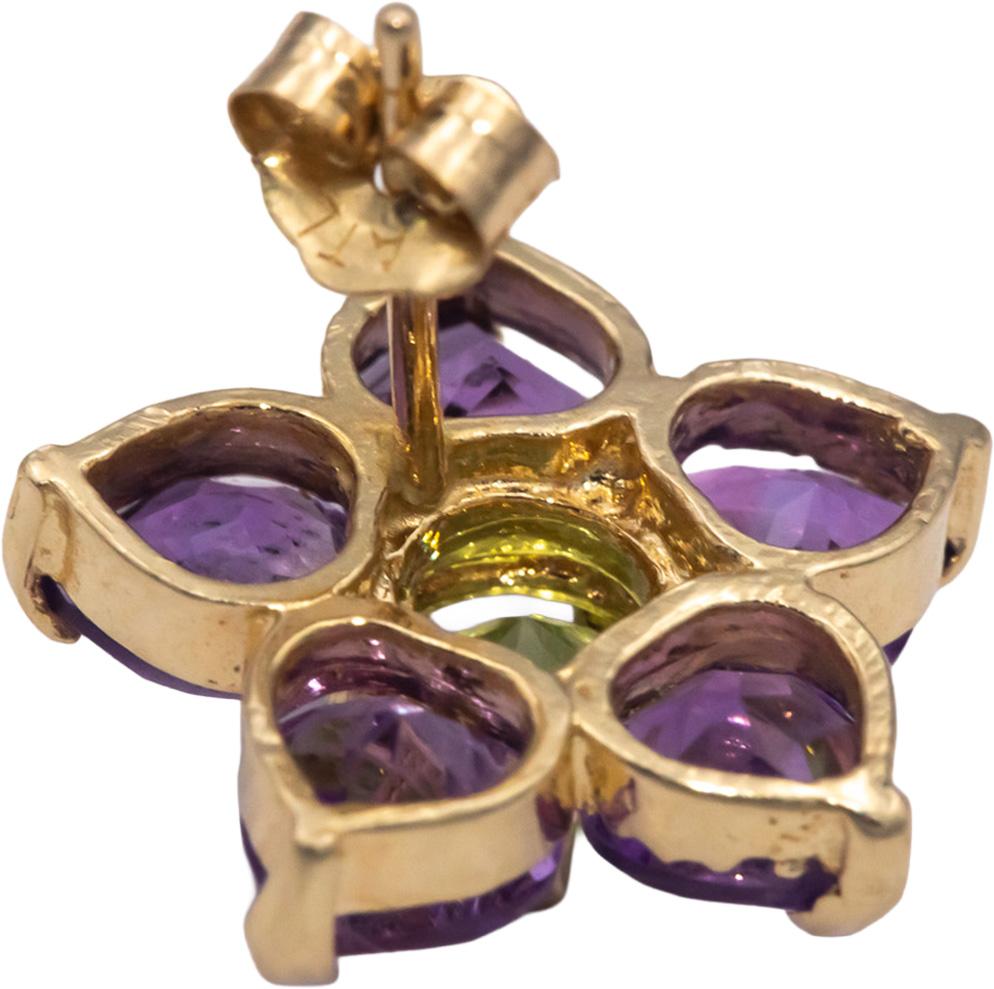 14k Yellow Gold 3.50CT Amethyst and Peridot Flower Stud Earrings