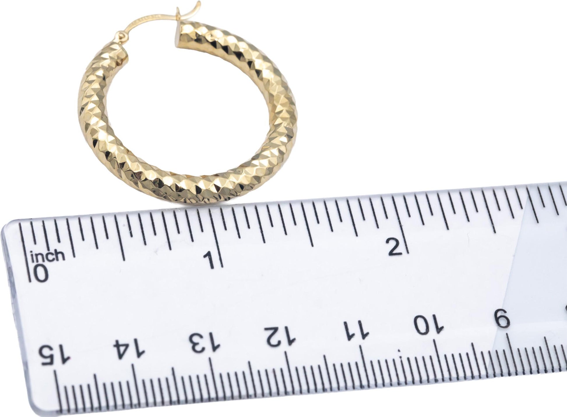 14k Yellow Gold 30.0mm Diameter Diamond Cut Textured Hoop Earrings