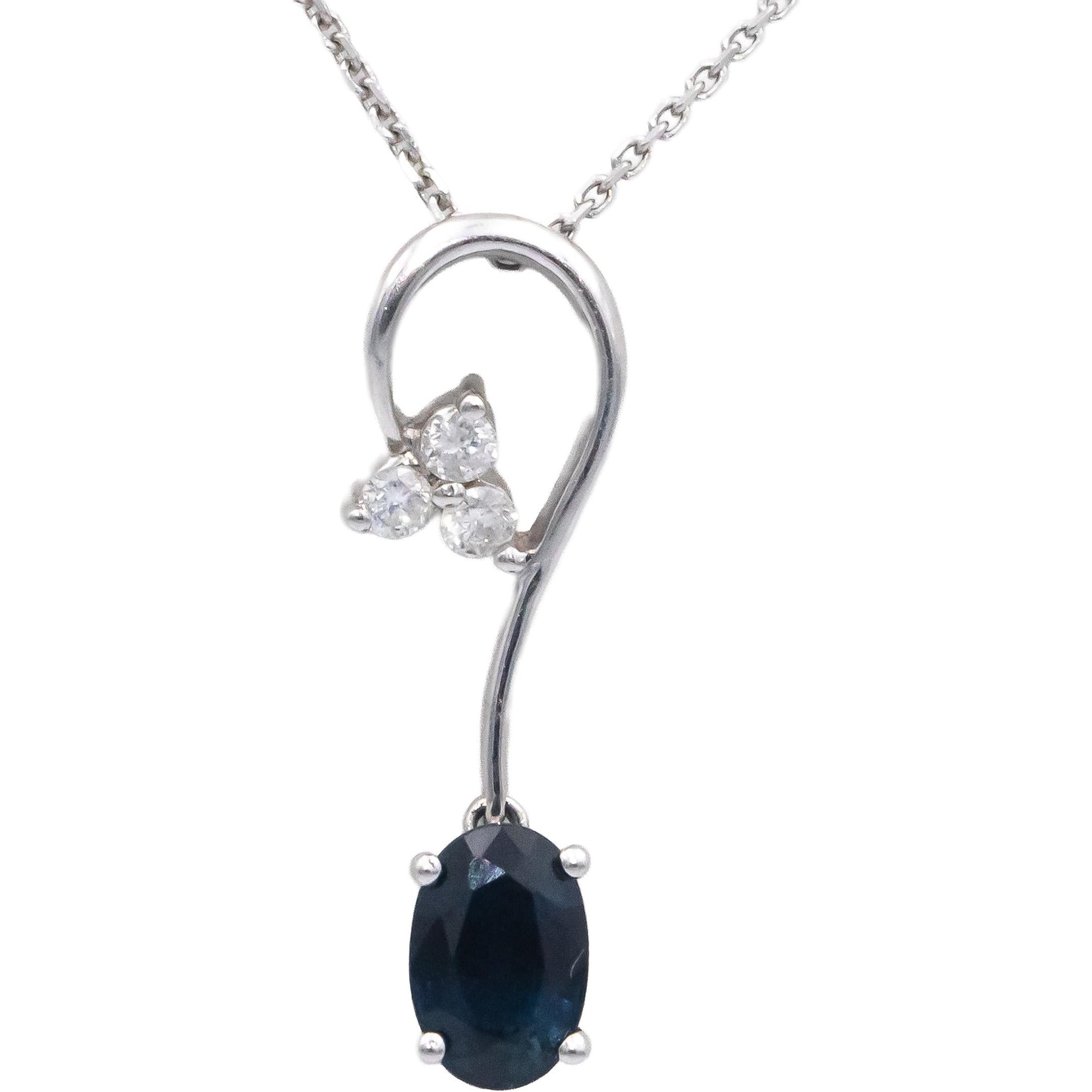 14k White Gold 0.31CT Round Diamond and Oval Blue Sapphire Pendant Necklace