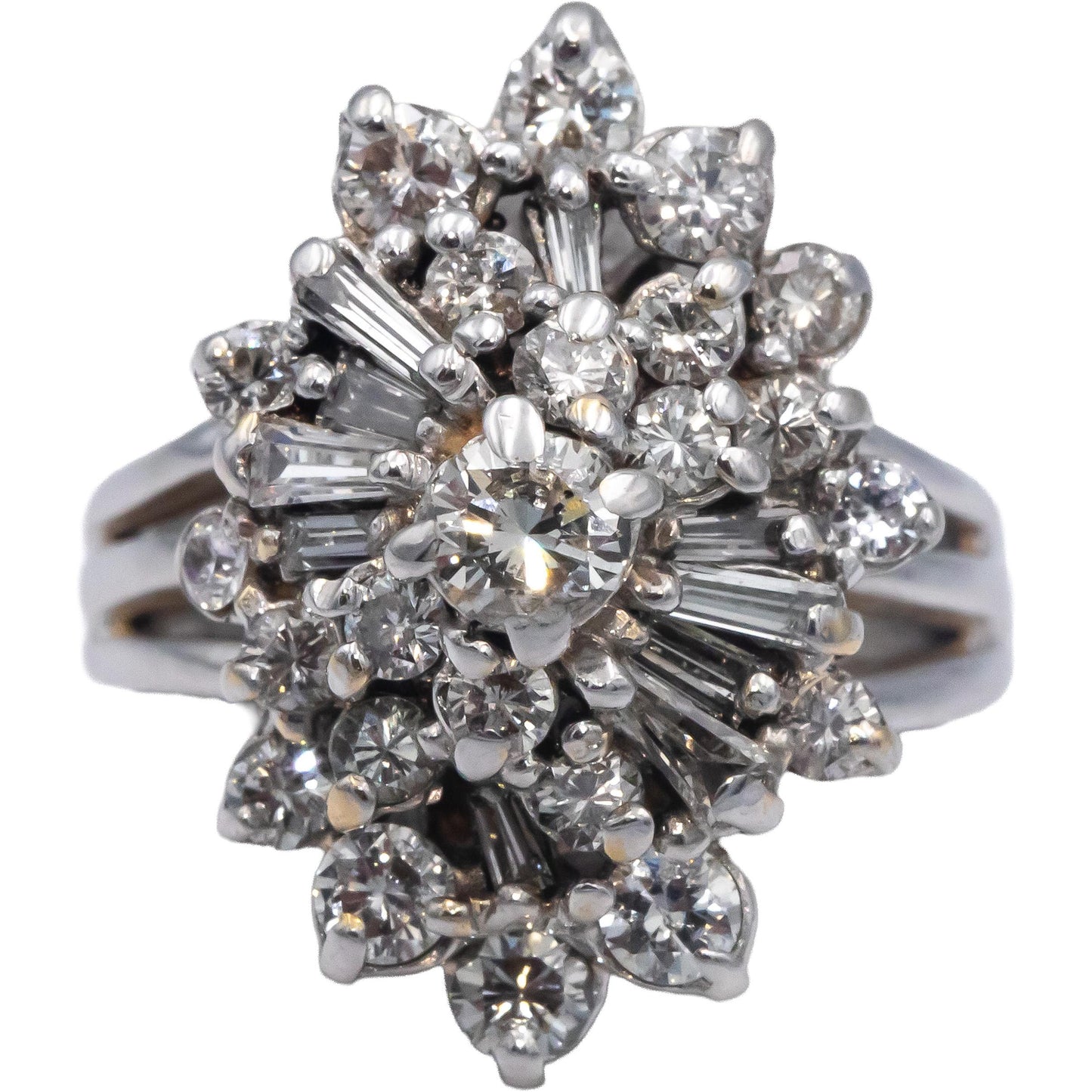 14k White Gold 1.50CT VS Round & Baguette Cut Diamond Cocktail Ring Size 4.5