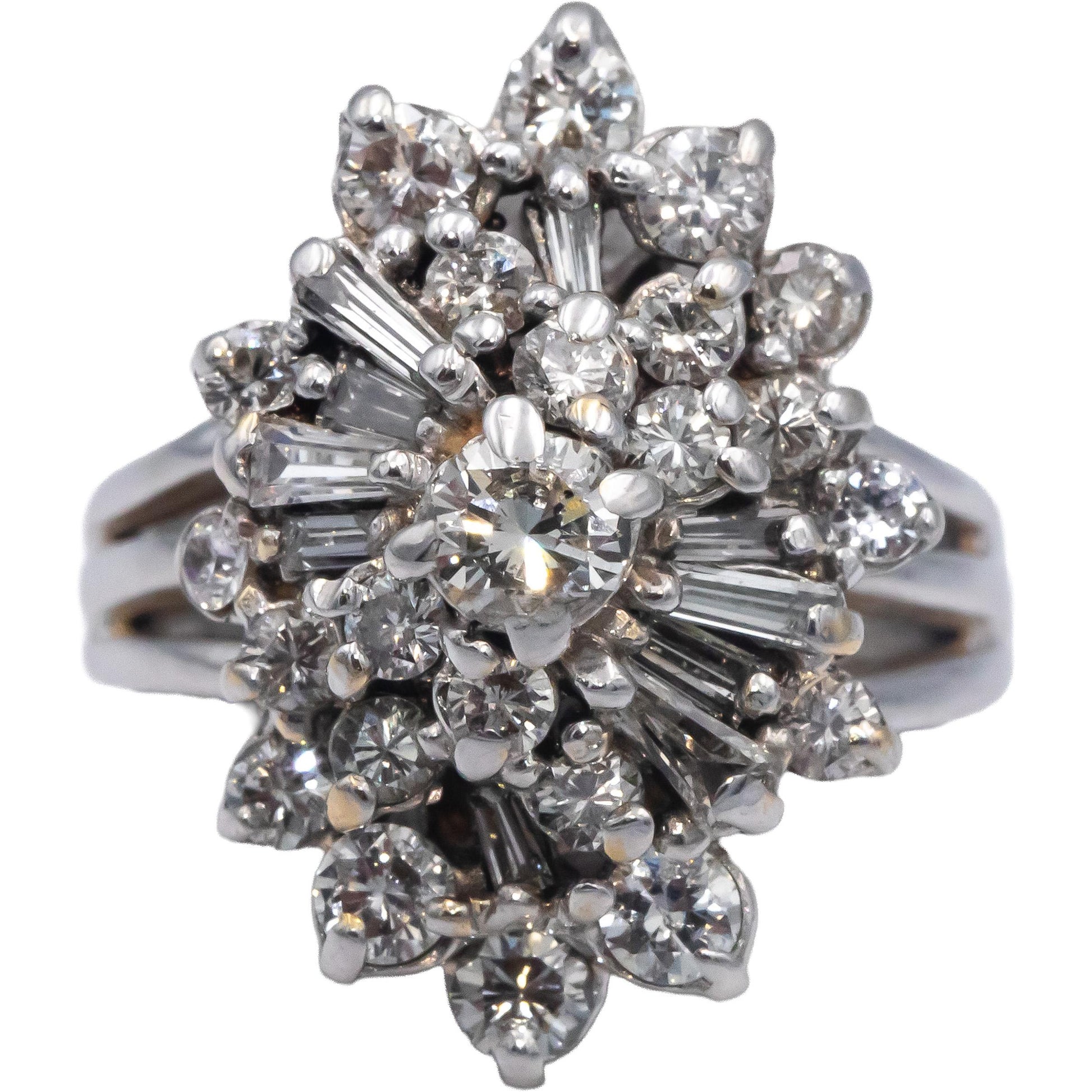 14k White Gold 1.50CT VS Round & Baguette Cut Diamond Cocktail Ring Size 4.5