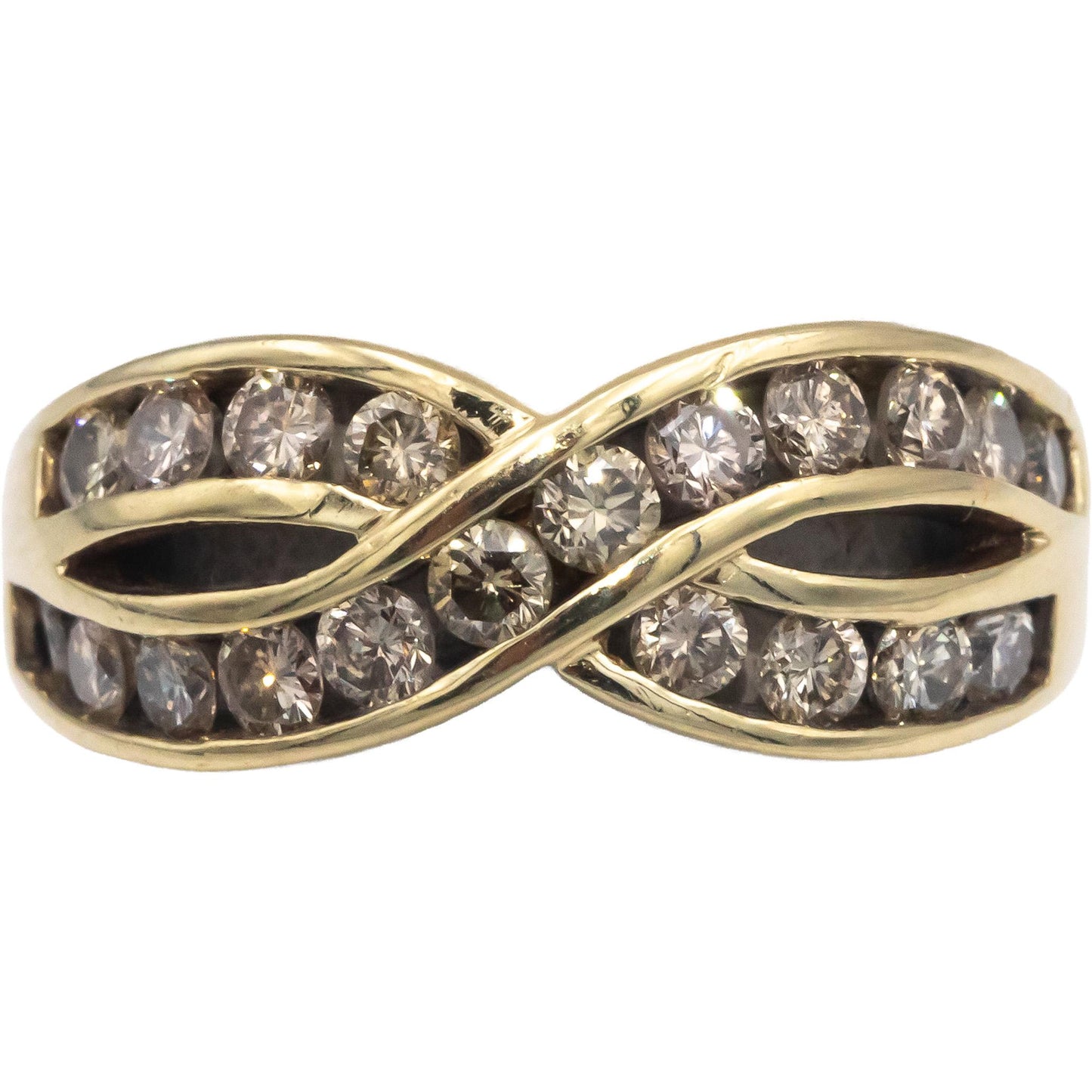 Diamond Round Cut 10k Yellow Gold Channel Set Crossover Band Ring 1.0CT Size 7