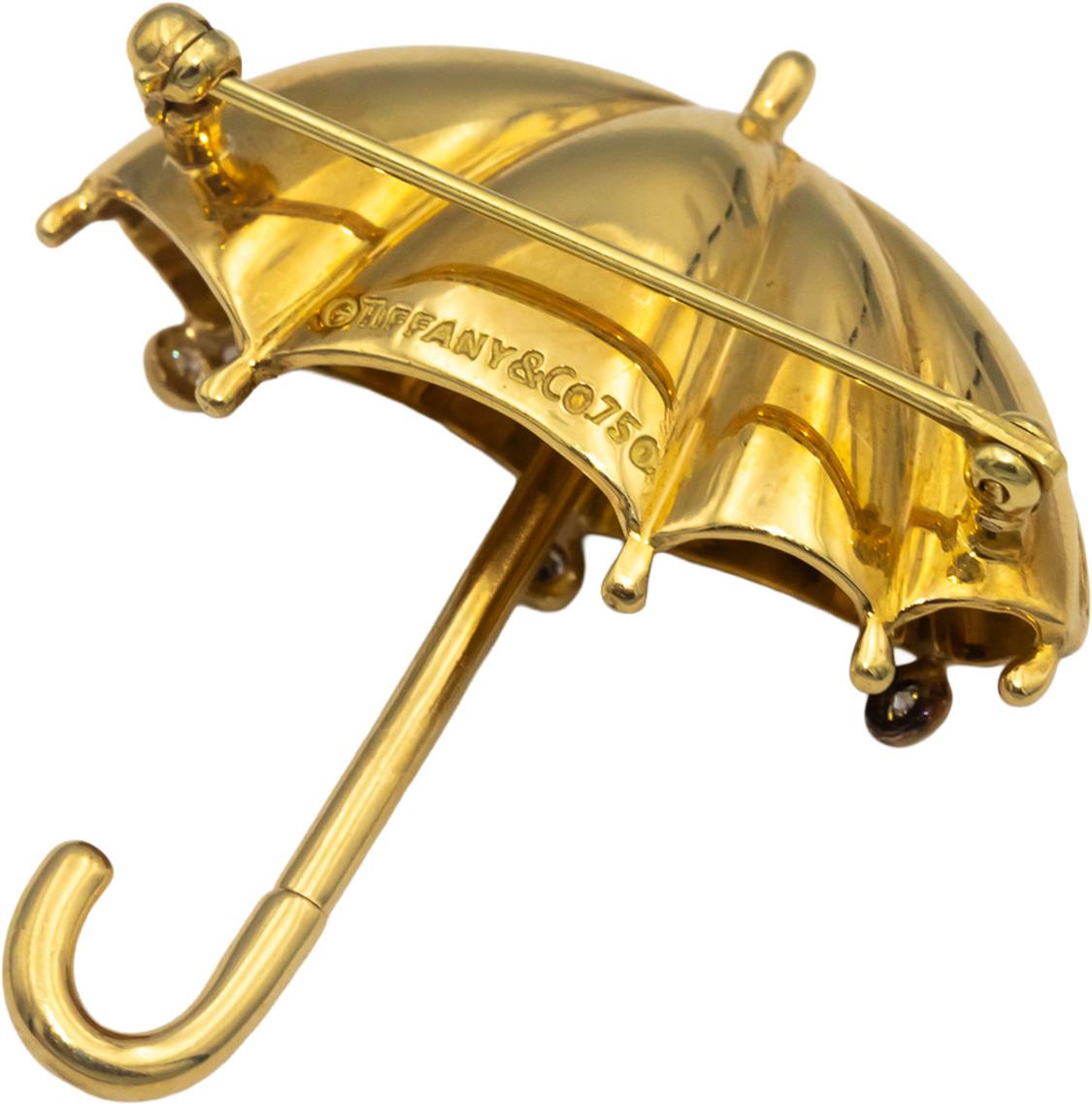 TIFFANY & CO. 18k Yellow Gold VS Round Diamond Umbrella Brooch w/ Box 0.10CT