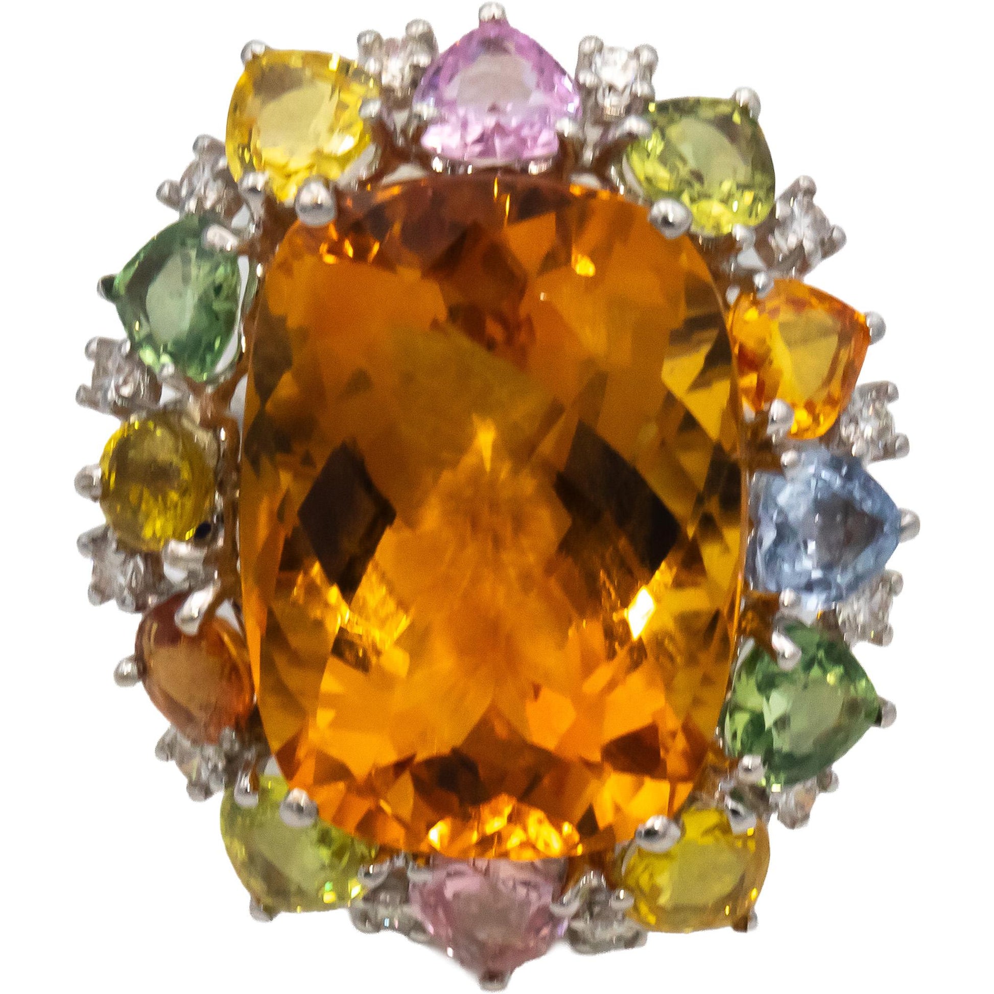 18k White Gold Citrine Diamond Rainbow Sapphire Cocktail Ring 27.45CTW Size 8