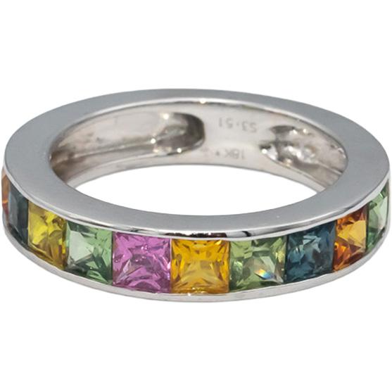 18k White Gold Square Cut Channel Set Rainbow Sapphire Band Ring 3.51CT Size 7.5