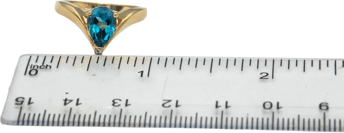 14k Yellow Gold Pear Blue Topaz Cocktail Ring w/ Diamond Accent 1.50CT Size 6.75