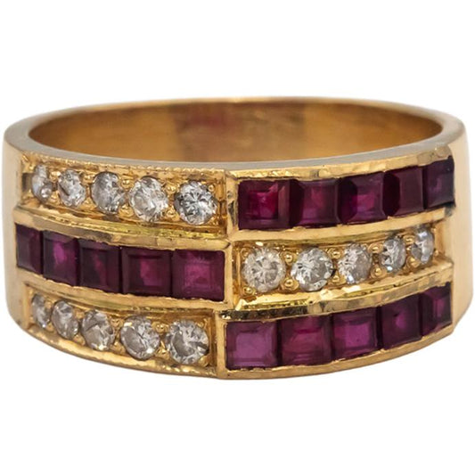 18k Yellow Gold Round Diamond Square Cut Ruby Band Ring 1.0CTW Size 6.5