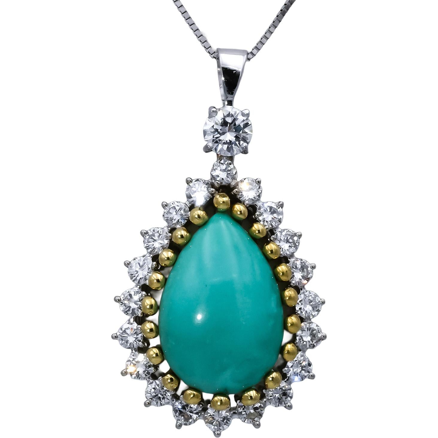 14k White & Yellow Gold VS Diamond Turquoise Statement Pendant Necklace 2.01CT