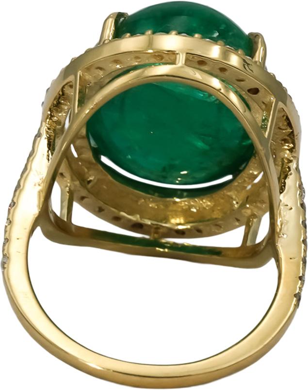 GIA Certified 14k Yellow Gold Oval Cabochon Emerald and Diamond Ring 17.01CTW