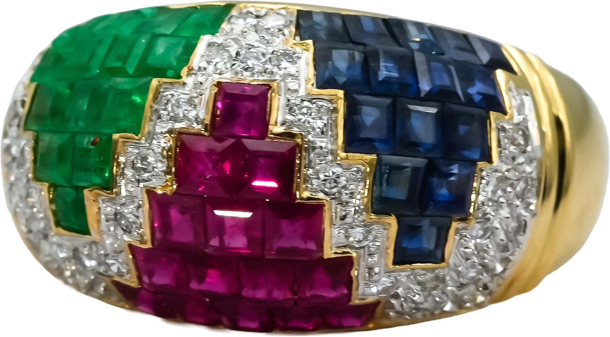 18k Yellow Gold VS Diamond Ruby Sapphire Emerald Dome Ring 4.20CT Size 6.5