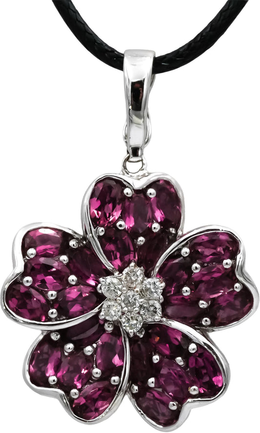 18k White Gold Pink Tourmaline and Diamond Flower Pendant Necklace 5.20CT