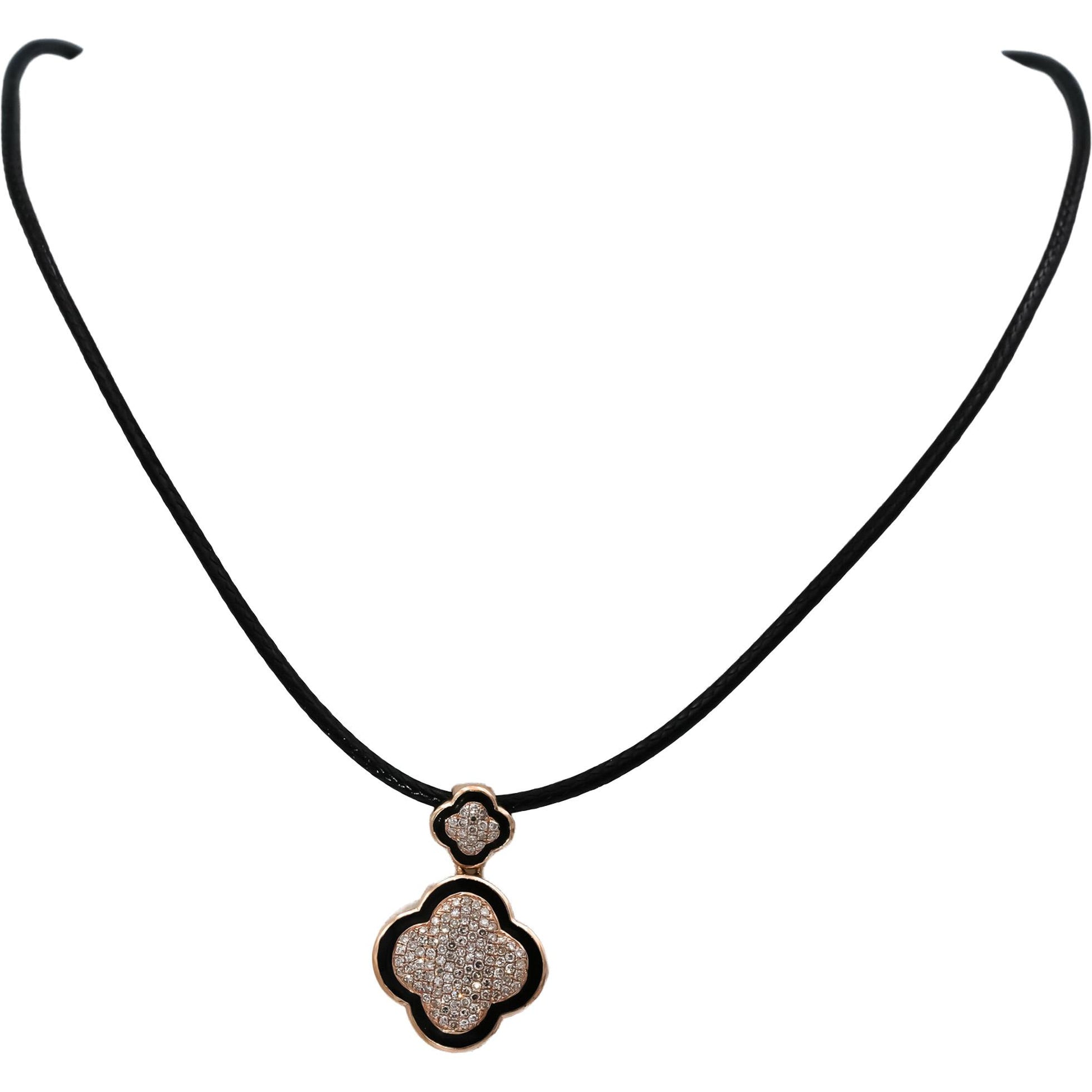 14k Rose Gold Round Diamond and Black Enamel Clover Pendant Necklace 0.50CT