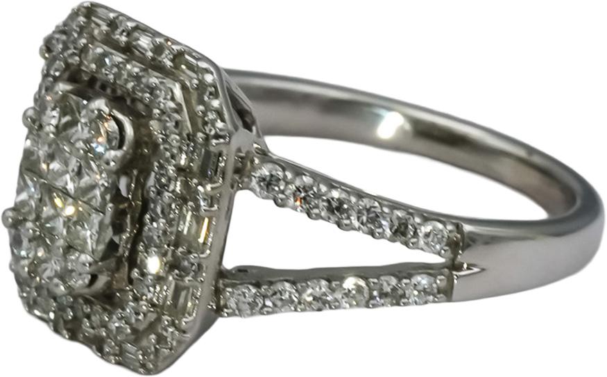 14k White Gold Princess and Round Diamond Cluster Cocktail Ring 1.0CT Size 7
