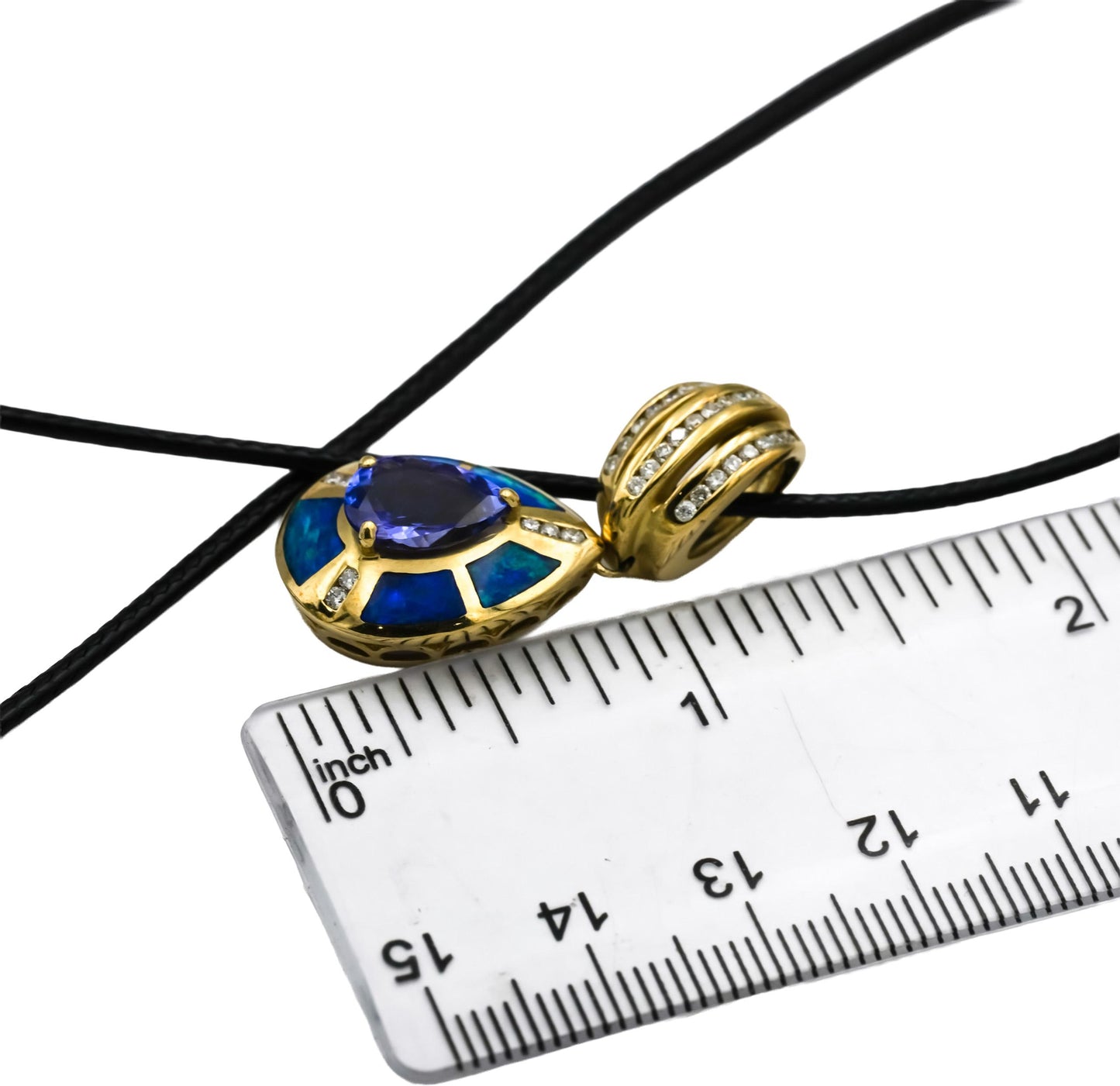 14k Yellow Gold Diamond Tanzanite Opal Inlay Pendant Necklace 2.56CT