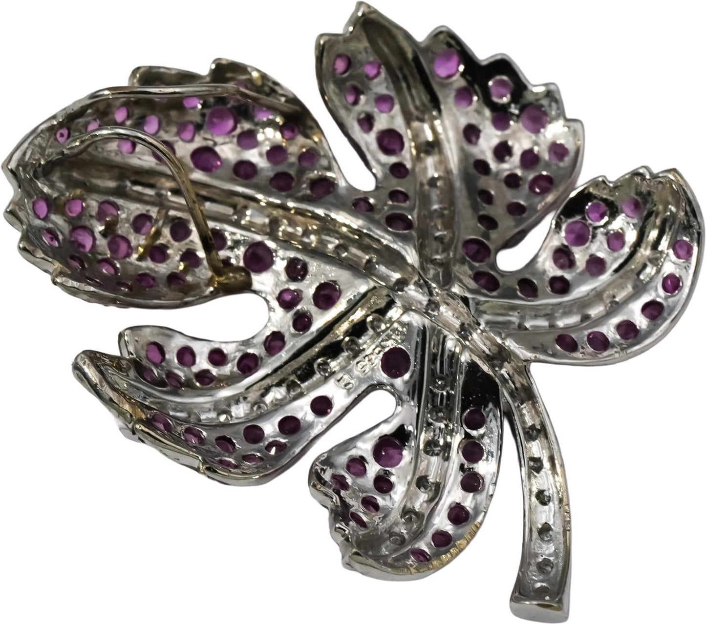 14k White Gold Diamond and Pink Sapphire Cluster Leaf Pendant 2.0CT