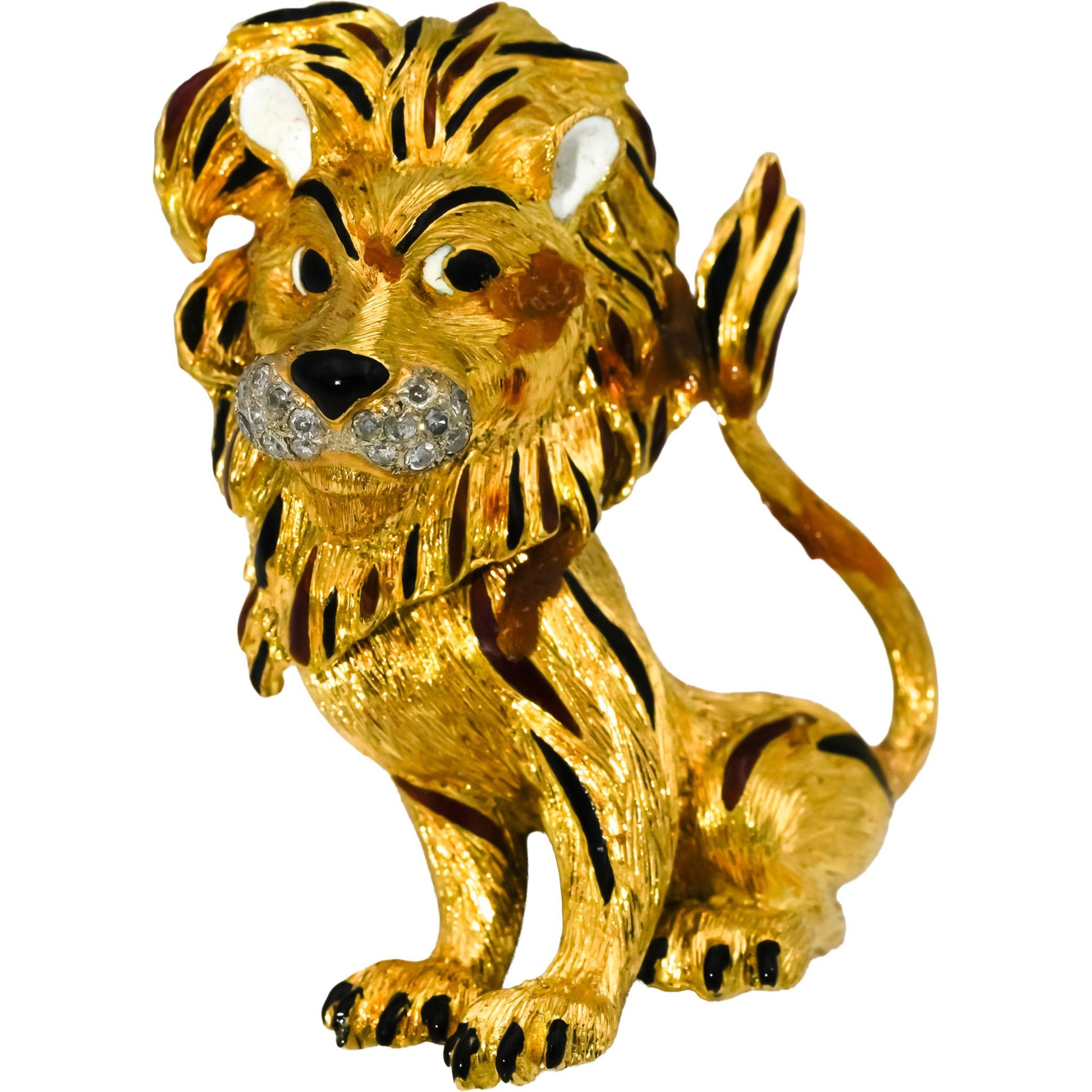 18k Yellow Gold VS Diamond and Enamel Jumbo Lion Brooch 0.40CT