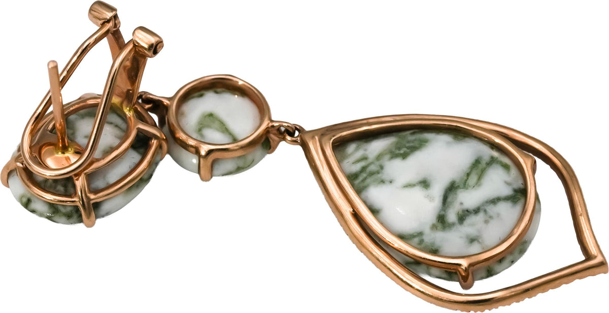 14k Rose Gold Diamond and Cabochon Tree Agate Drop Dangle Earrings 0.25CT