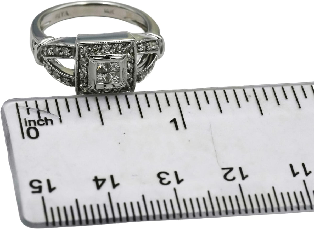 14k White Gold Princess and Round Diamond Cocktail Ring 0.50CT Size 6.5