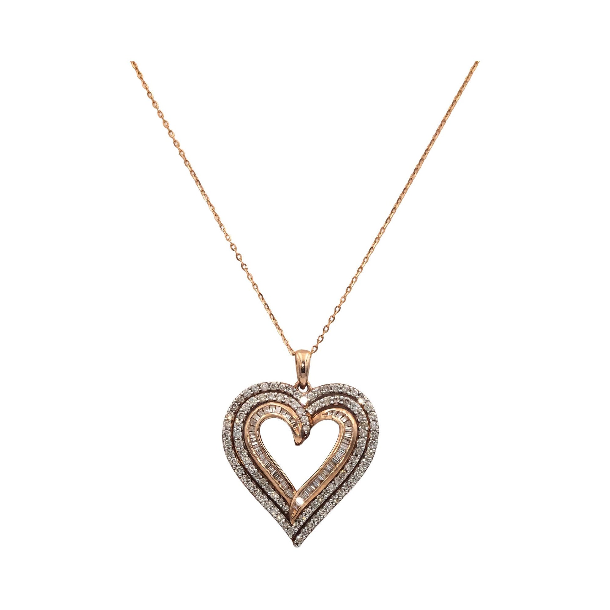 10k Rose Gold 1.0CT Diamond Open Heart Pendant Chain Necklace
