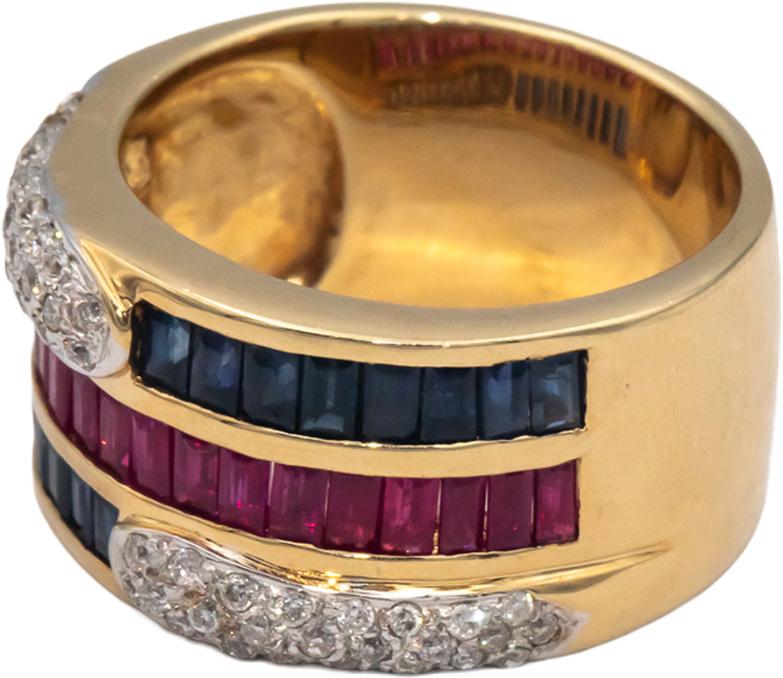 14k Yellow Gold 2.20CT Diamond Ruby Sapphire Wide Band Ring Size 8.5