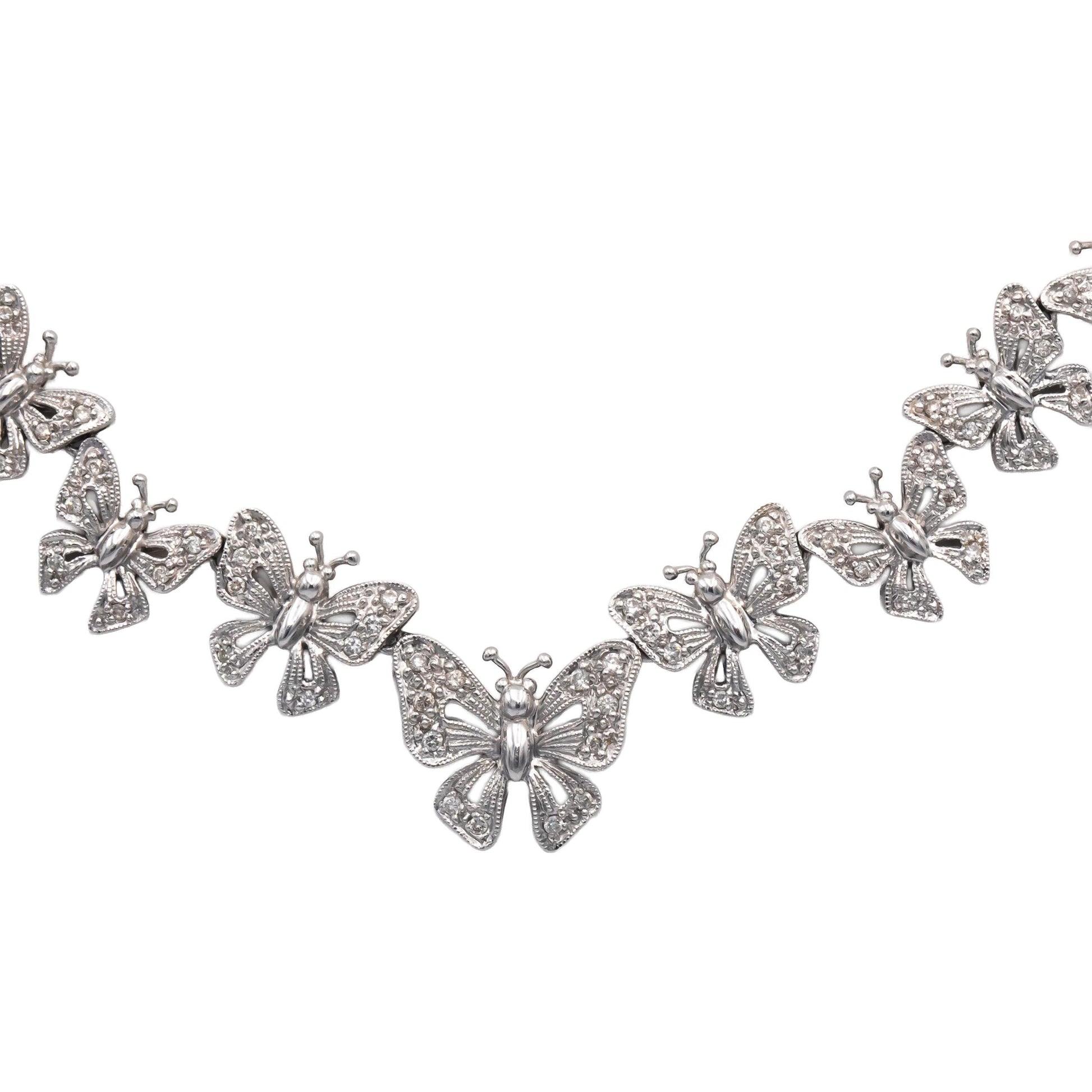 Diamond Round Cut 18k White Gold Graduated Width Butterfly Link Necklace 0.60CT