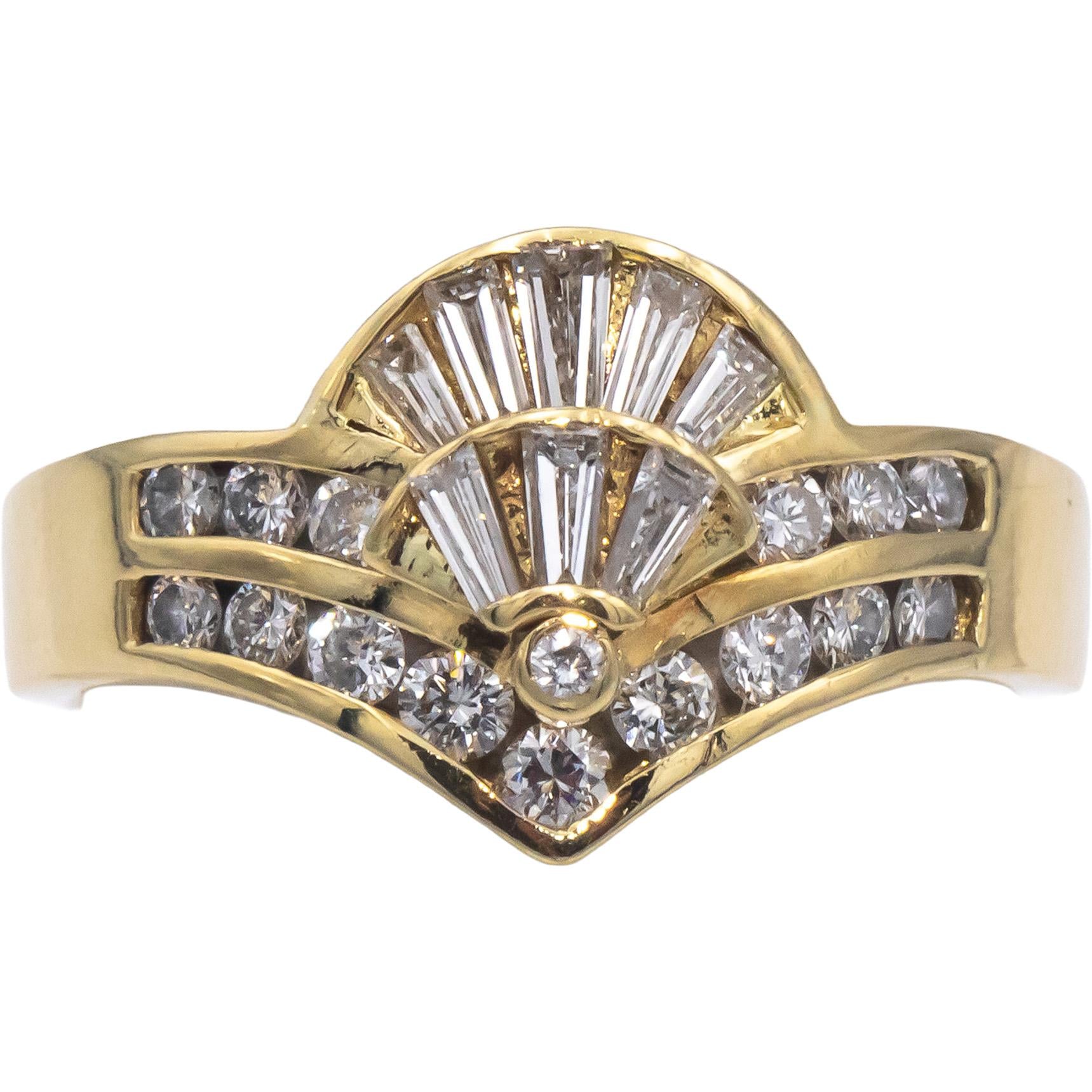 Estate 18k Yellow Gold 0.55CT VS Round & Baguette Diamond Cocktail Ring Size 6.5