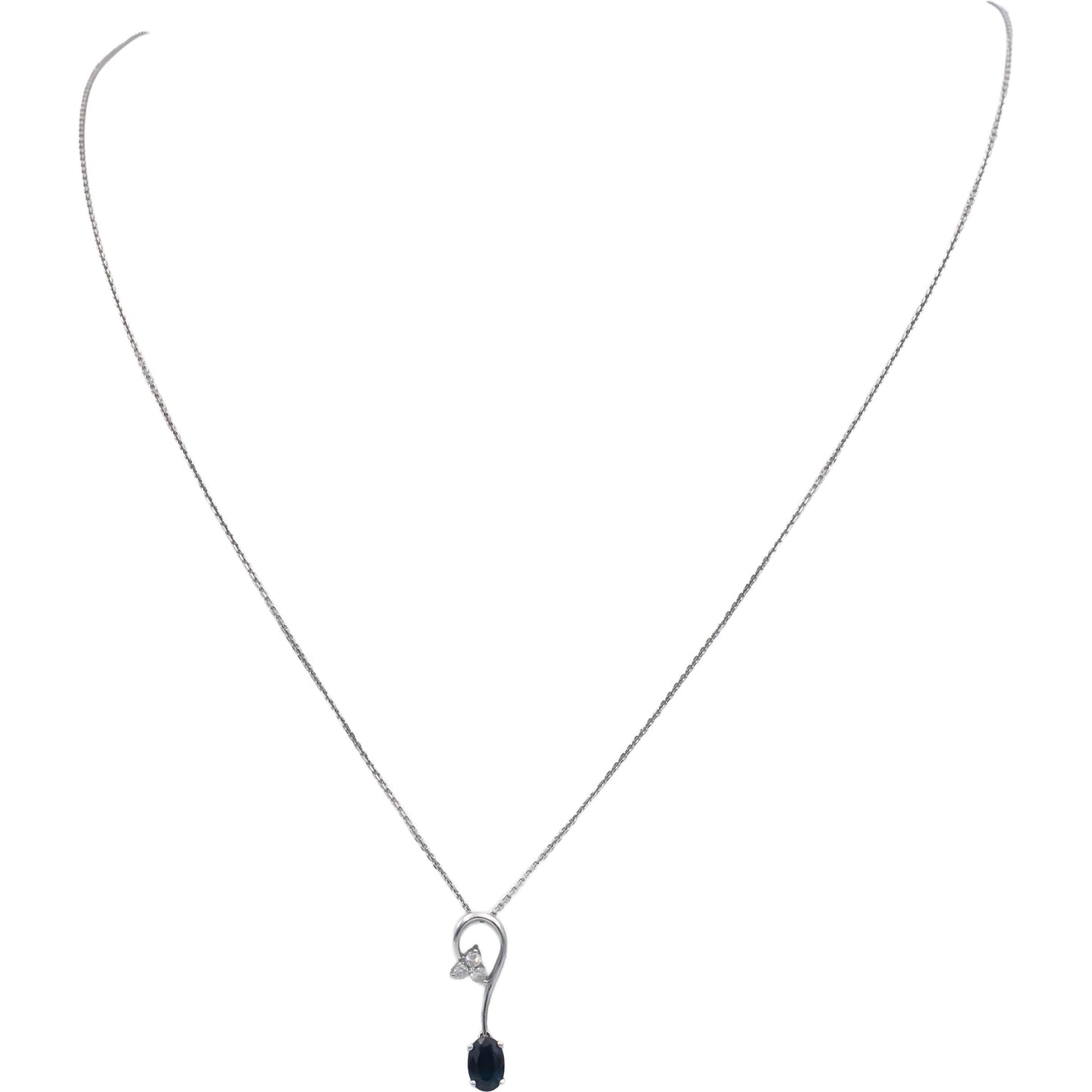 14k White Gold 0.31CT Round Diamond and Oval Blue Sapphire Pendant Necklace