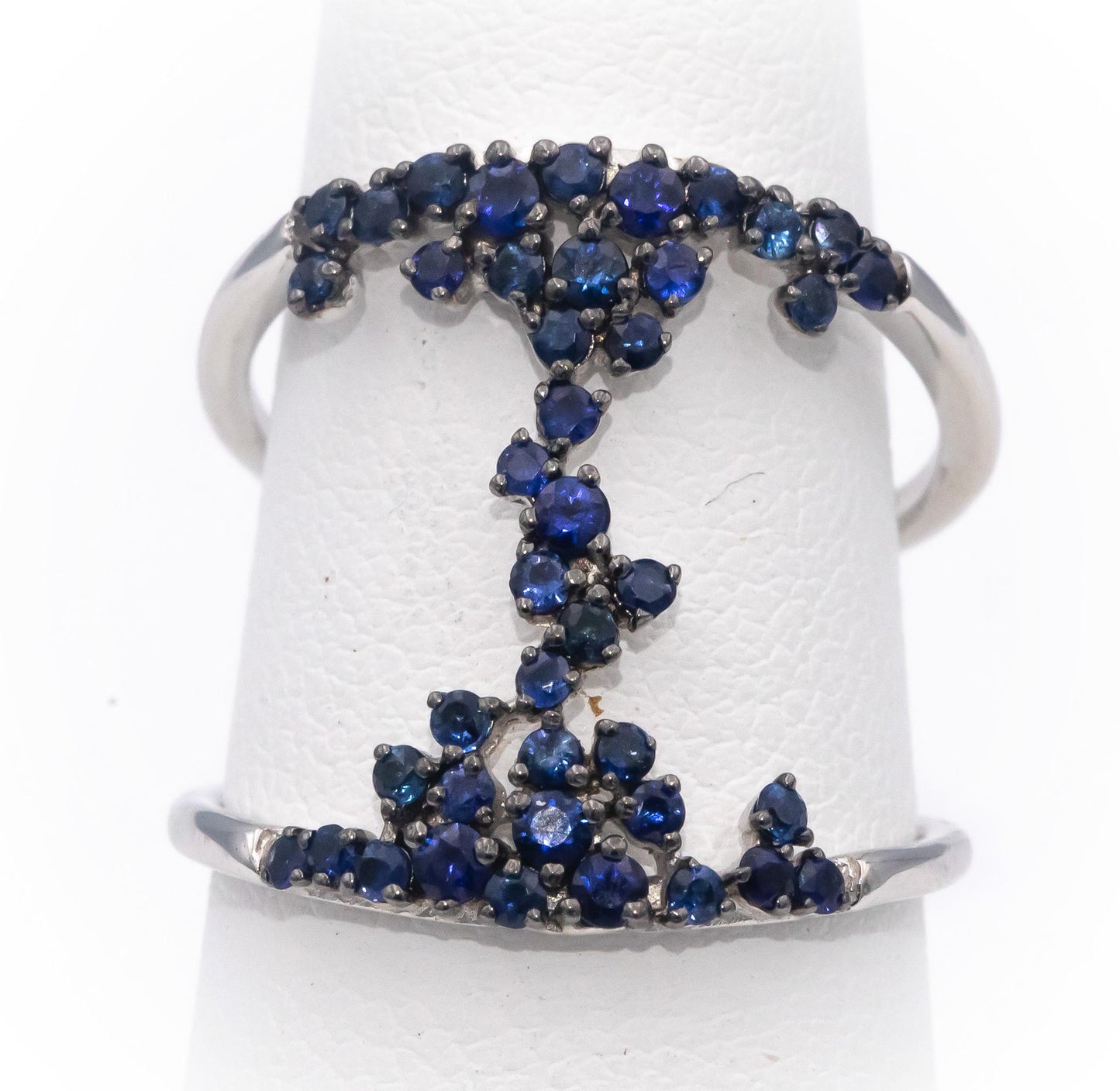 18k White Gold Round Blue Sapphire Double Band Statement Ring 0.85CT Size 7.25
