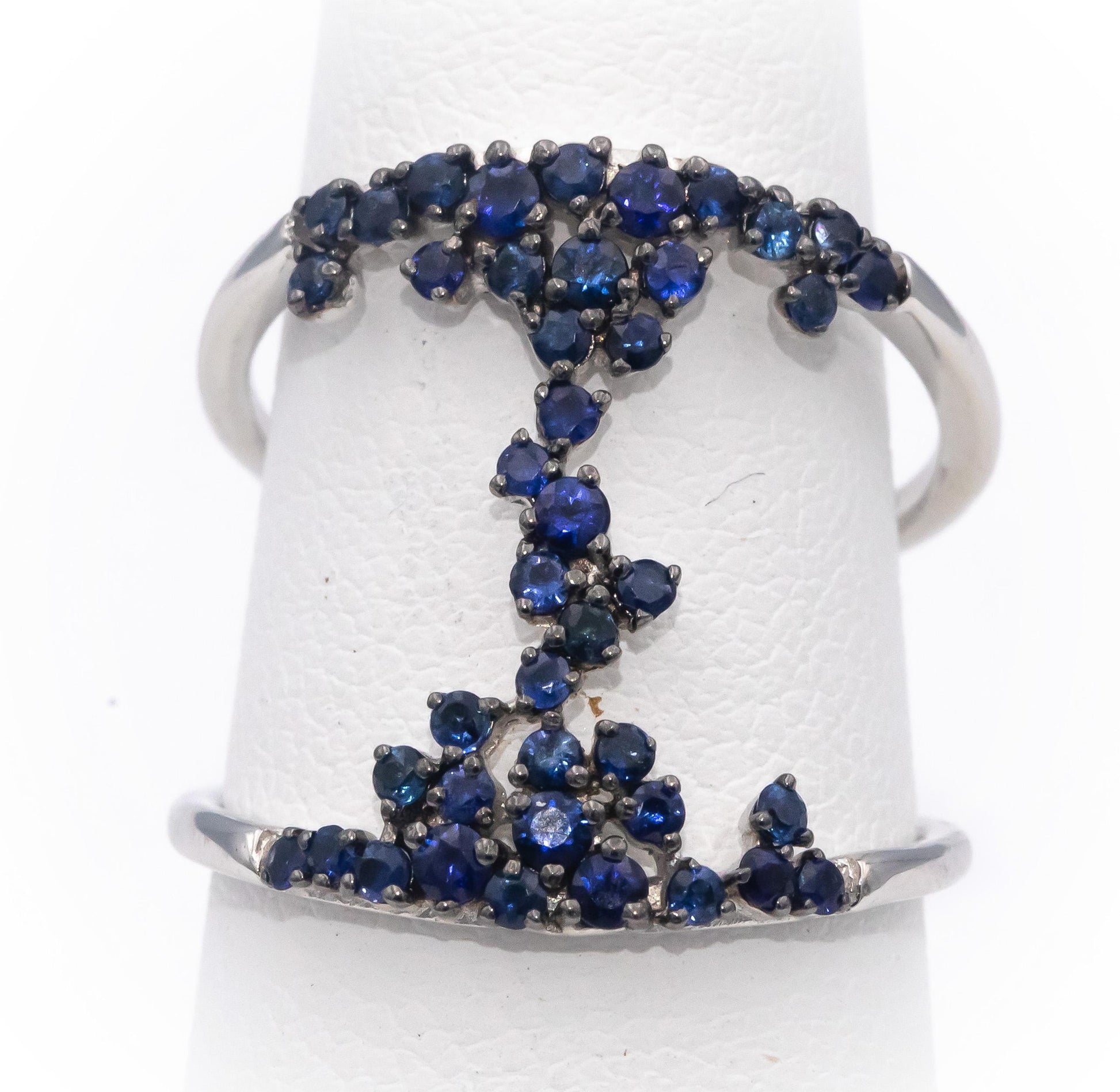18k White Gold Round Blue Sapphire Double Band Statement Ring 0.85CT Size 7.25