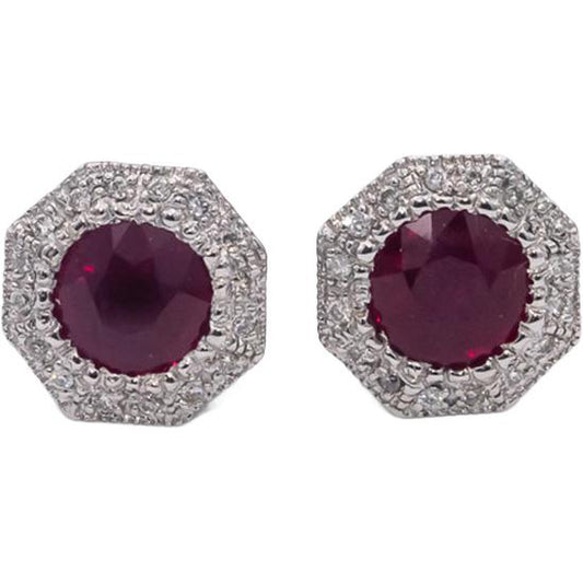 CGL Certified 14k White Gold Natural Ruby & Diamond Stud Earrings 2.19CTW