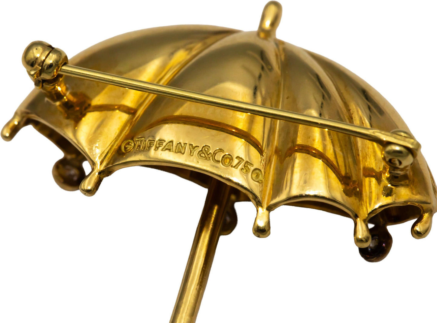 TIFFANY & CO. 18k Yellow Gold VS Round Diamond Umbrella Brooch w/ Box 0.10CT