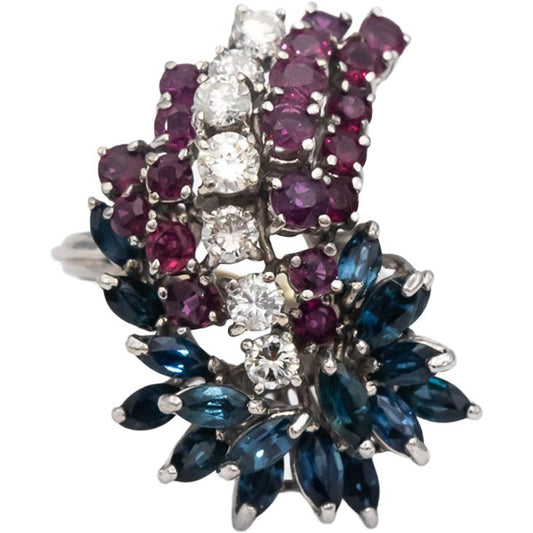 14k White Gold Diamond Ruby and Sapphire Waterfall Cocktail Ring 3.75CT Size 7.5