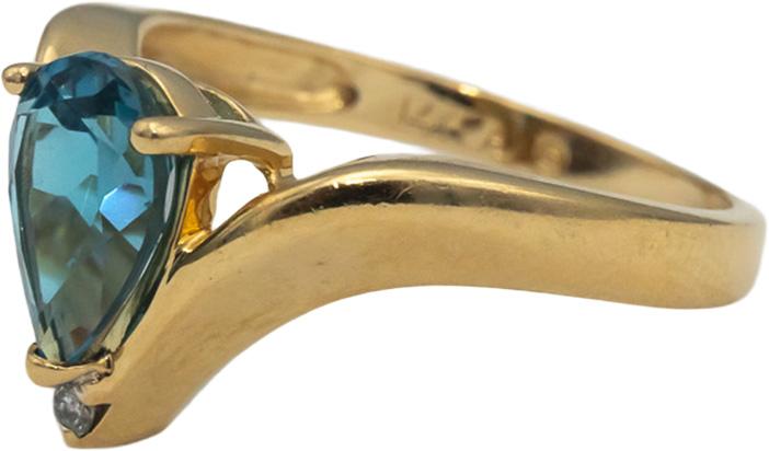 14k Yellow Gold Pear Blue Topaz Cocktail Ring w/ Diamond Accent 1.50CT Size 6.75