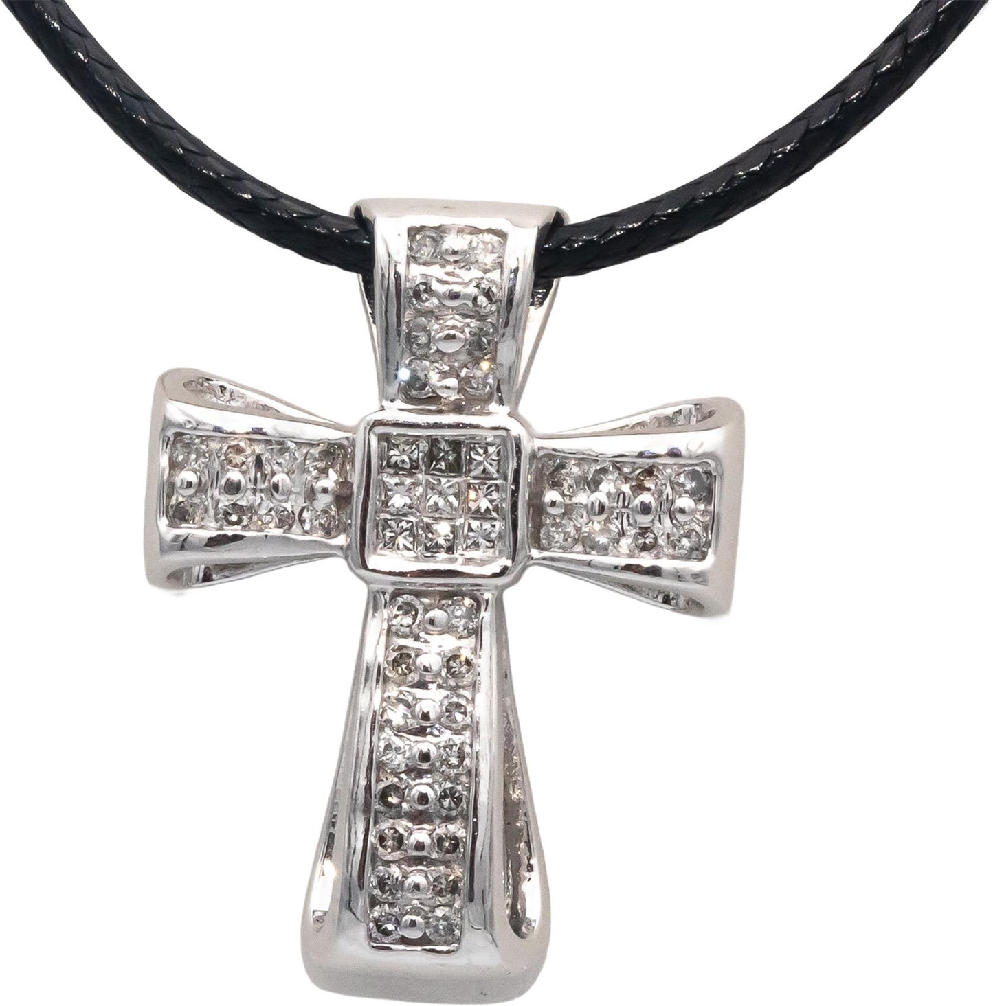 14k White Gold Princess & Round Diamond Cross Crucifix Pendant Necklace 0.50CT
