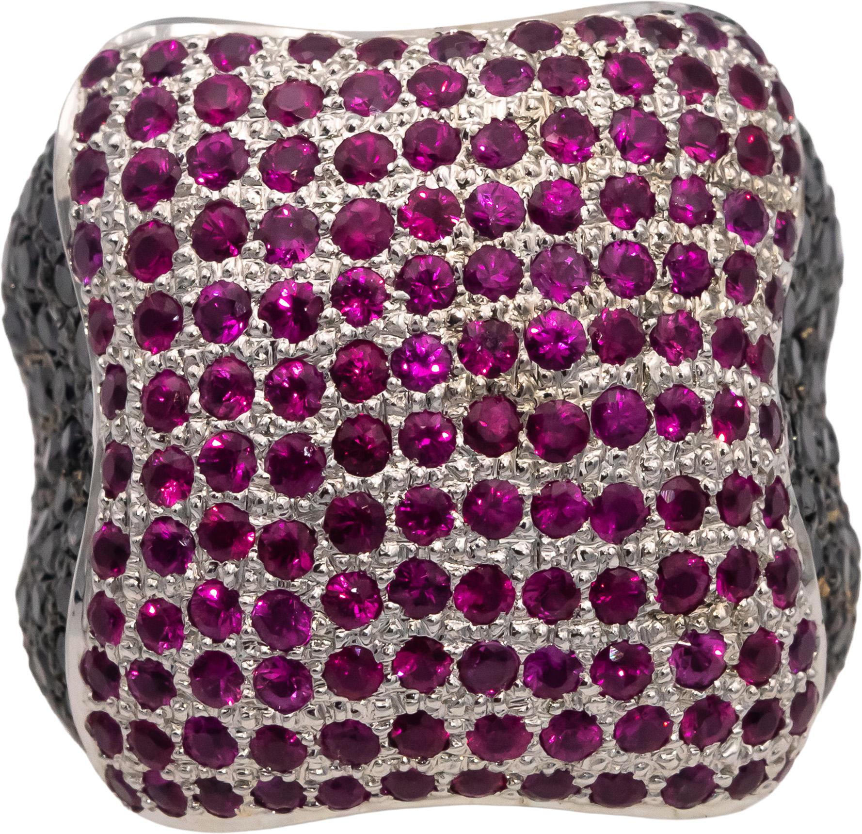18k White Gold Black Diamond & Ruby Cluster Dome Ring 2.80CTW Size 8.75