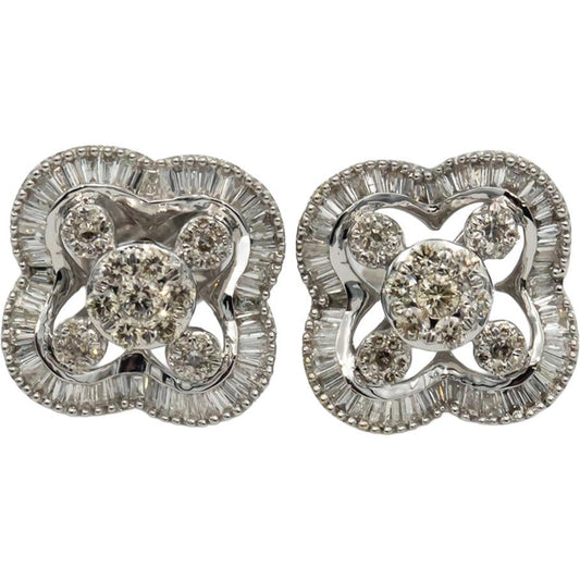 18k White Gold Round & Baguette Cut Diamond Stud Earrings 1.0CT