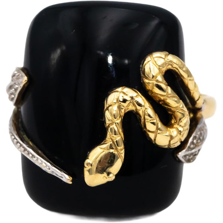 14k Yellow & White Gold Black Onyx Snake Ring w/ Diamond Accents Size 7.75
