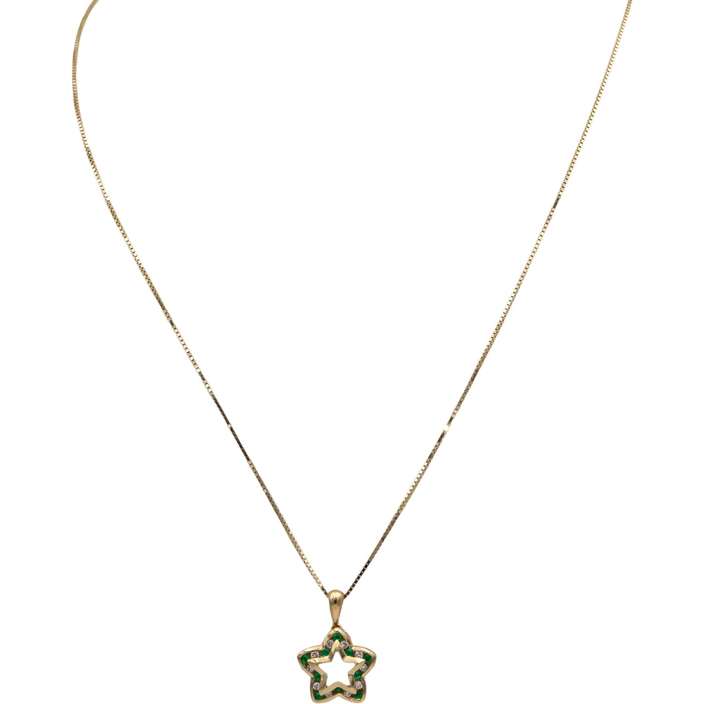 14k Yellow Gold Channel Set Emerald and Diamond Star Pendant Necklace 0.40CTW