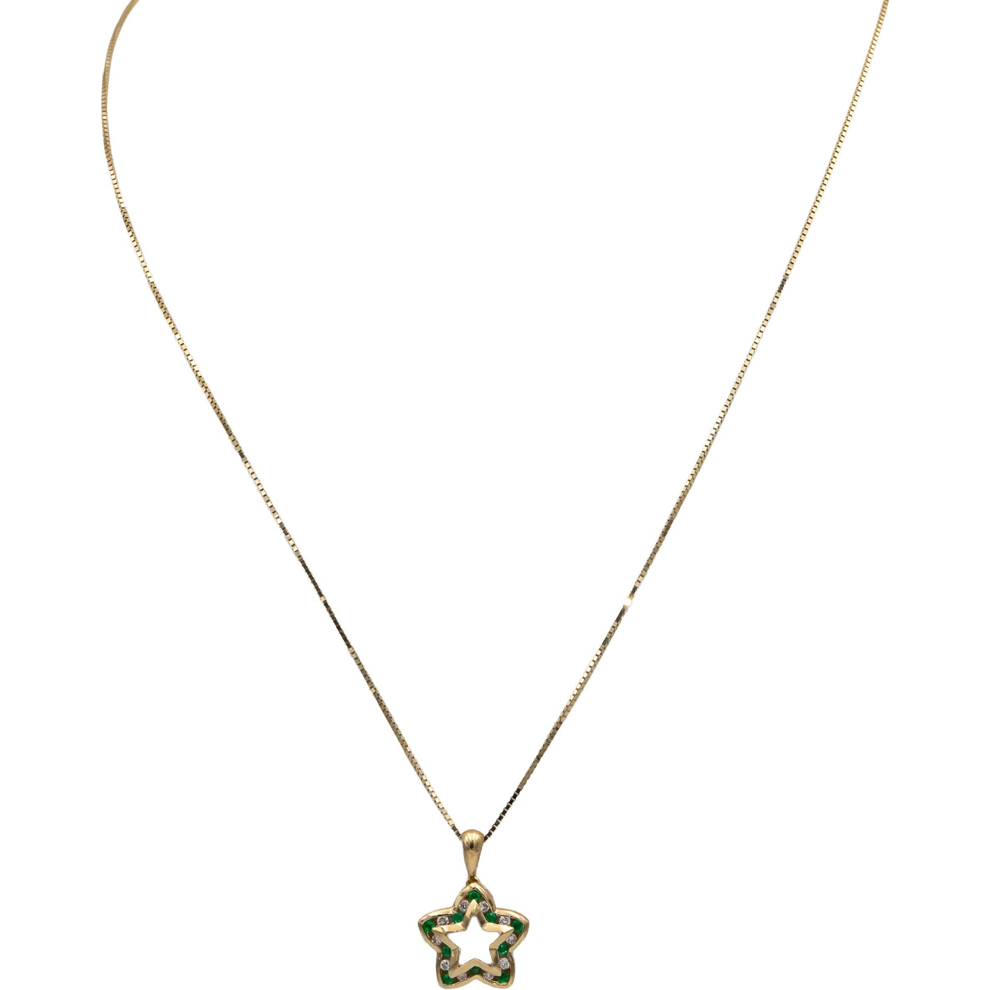 14k Yellow Gold Channel Set Emerald and Diamond Star Pendant Necklace 0.40CTW