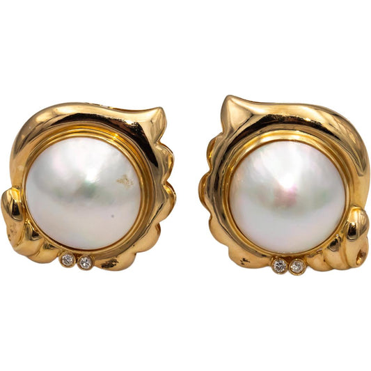 14k Yellow Gold Round Diamond and Mabe Pear Earrings 0.06CT