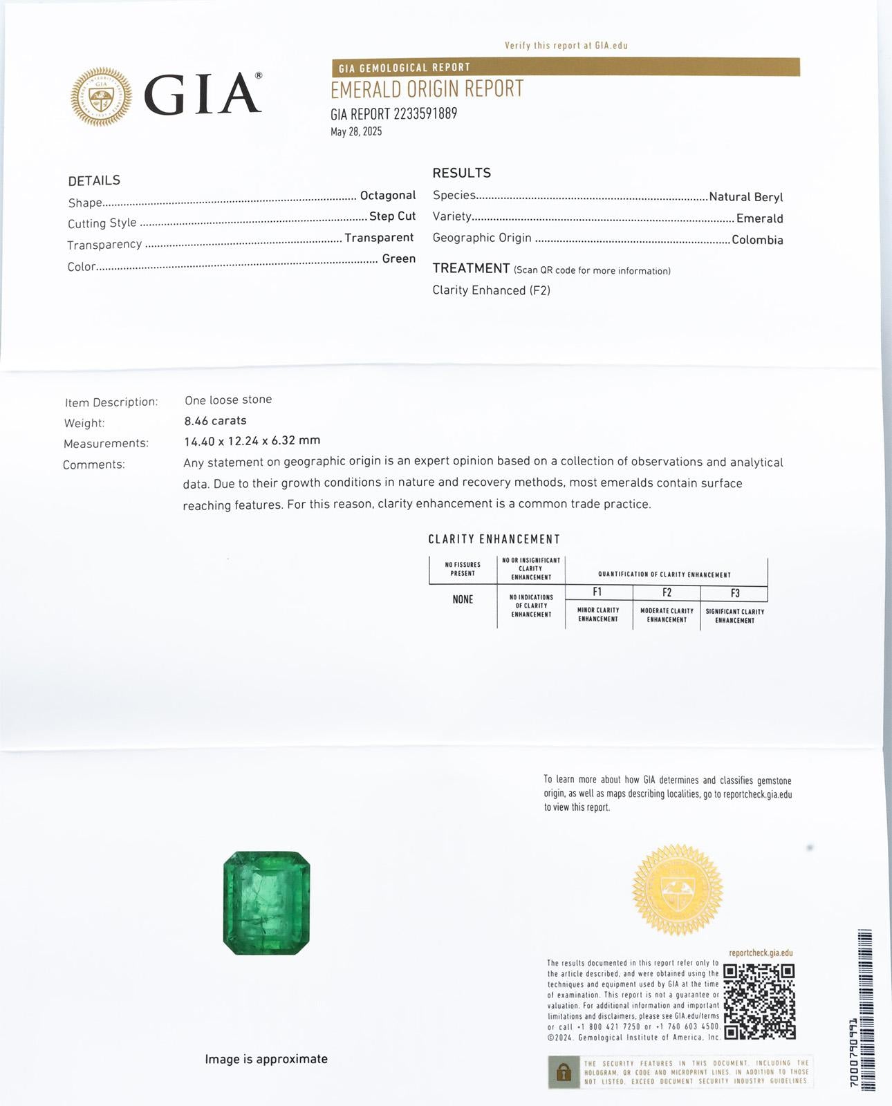 GIA Certified Octagonal Cut Natural Colombian Emerald Loose Stone 8.46CT