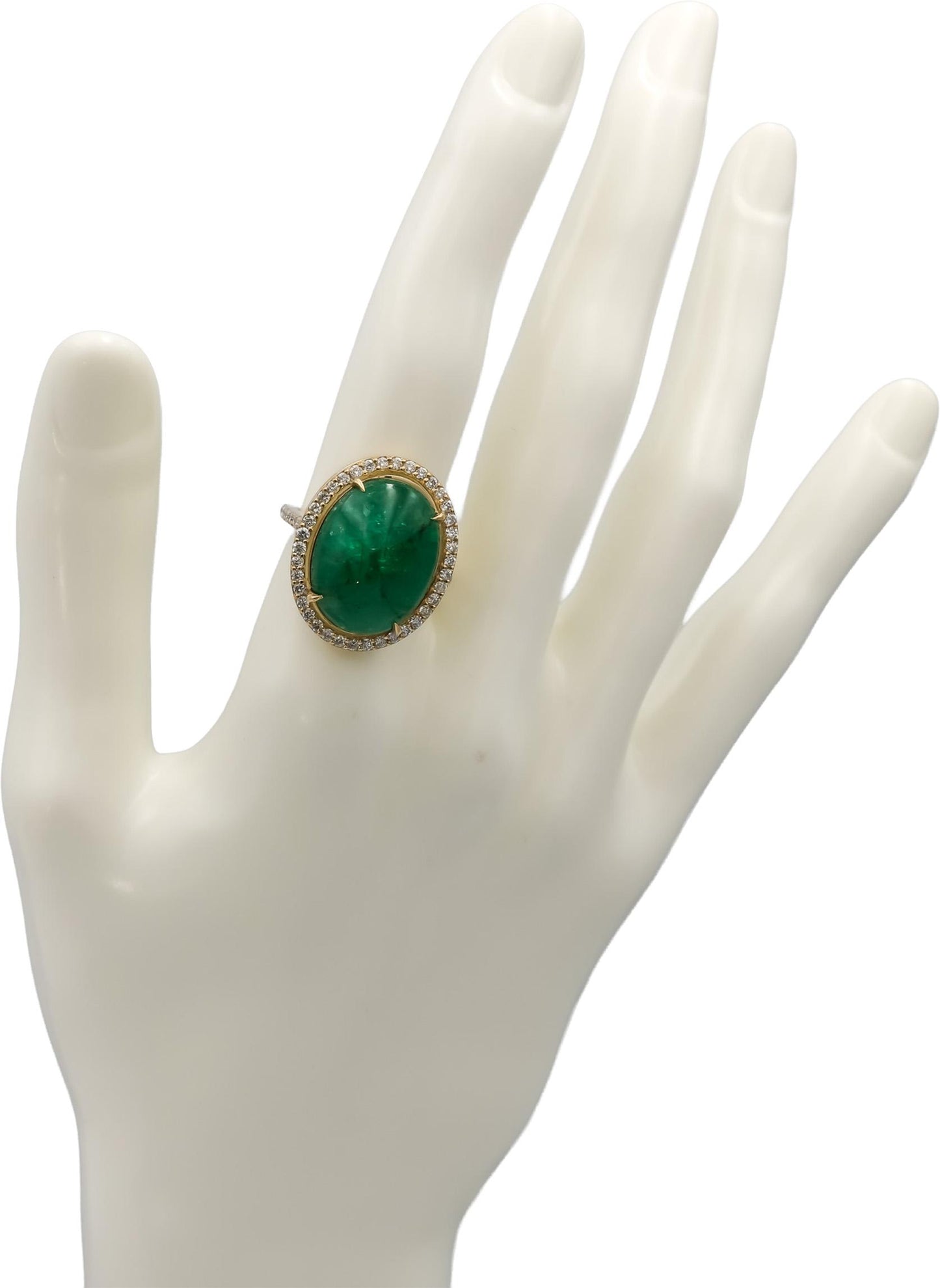 GIA Certified 14k Yellow Gold Oval Cabochon Emerald and Diamond Ring 17.01CTW
