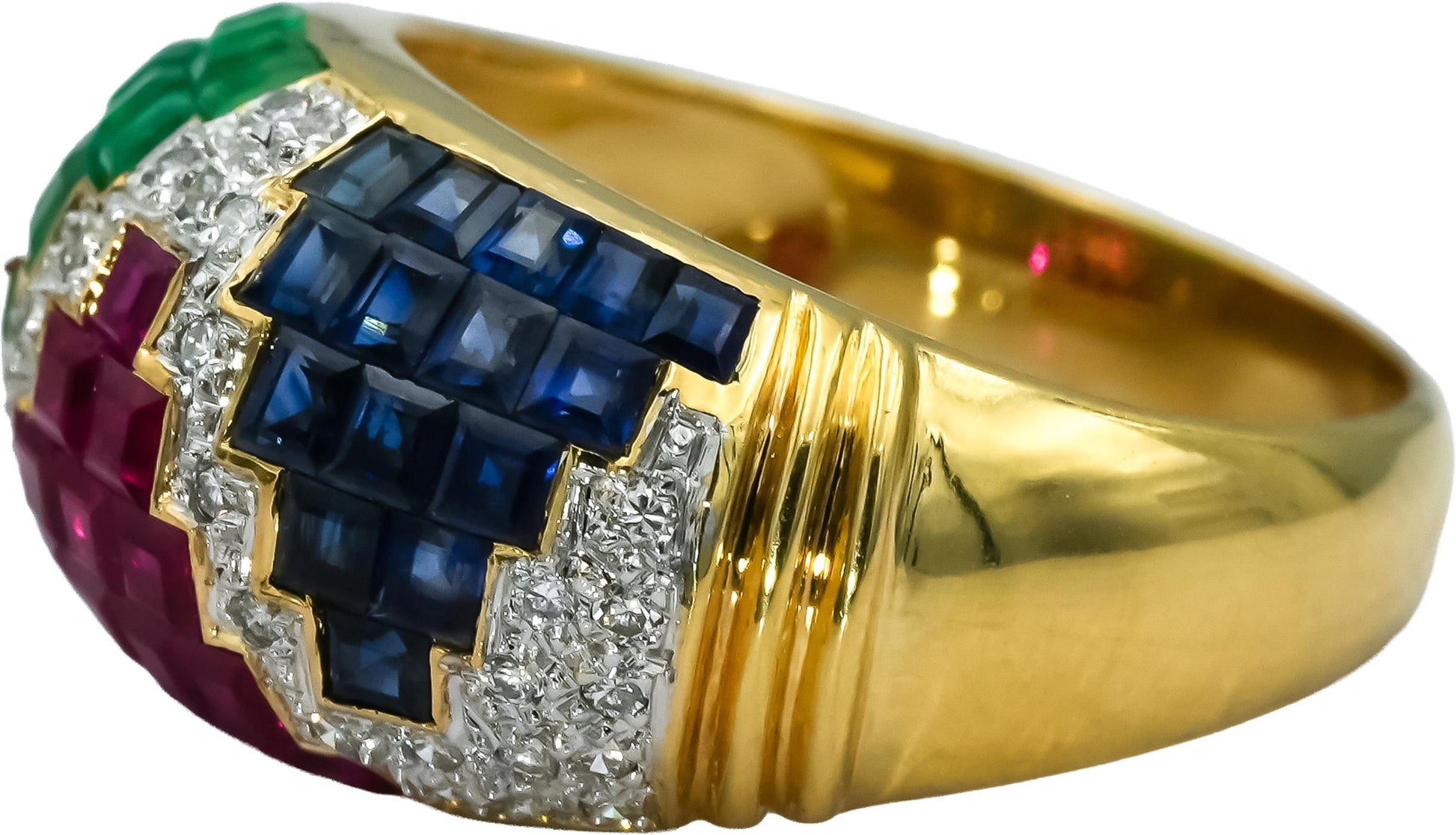 18k Yellow Gold VS Diamond Ruby Sapphire Emerald Dome Ring 4.20CT Size 6.5