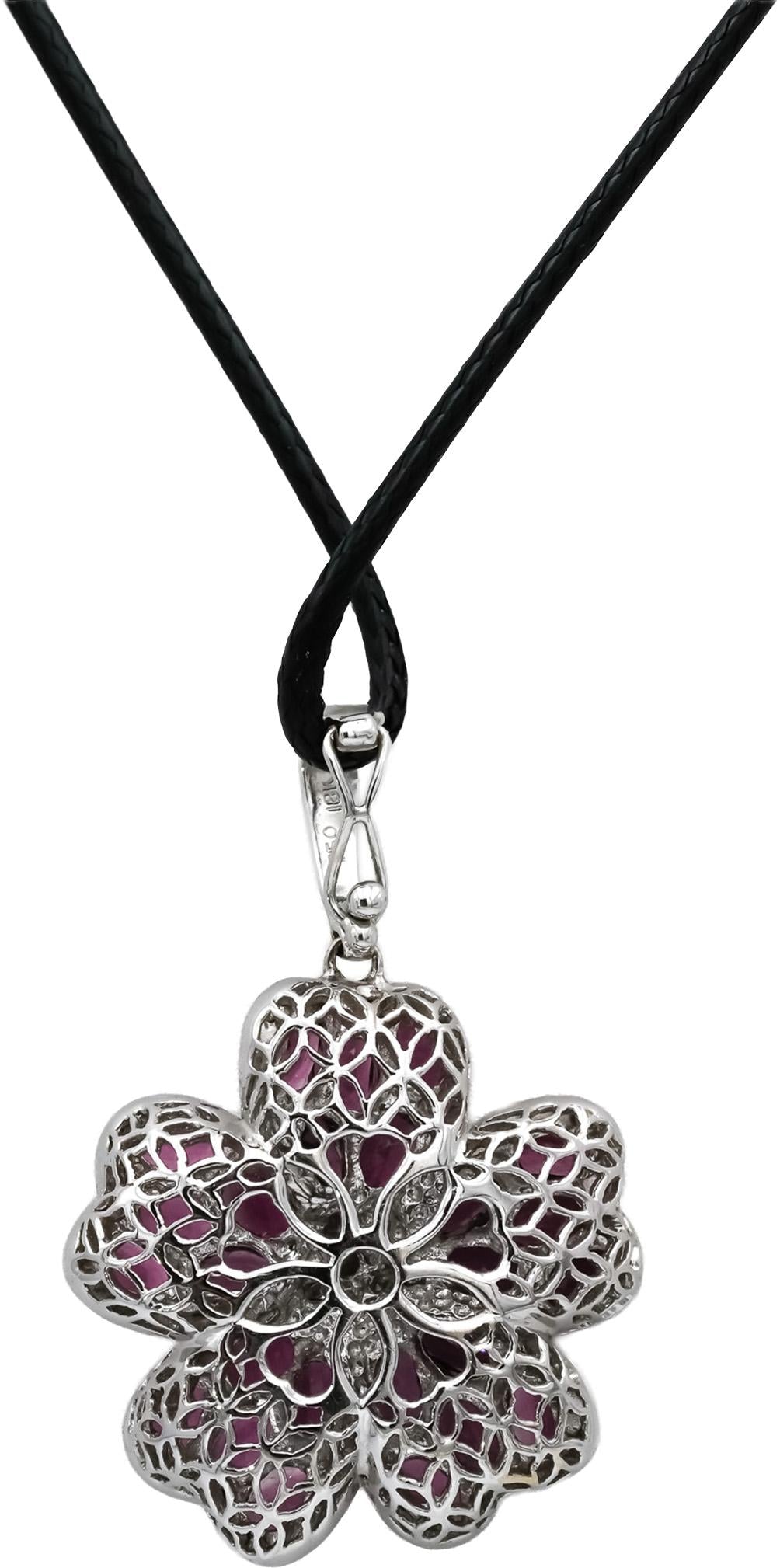 18k White Gold Pink Tourmaline and Diamond Flower Pendant Necklace 5.20CT