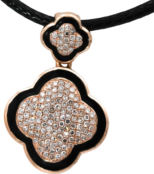 14k Rose Gold Round Diamond and Black Enamel Clover Pendant Necklace 0.50CT