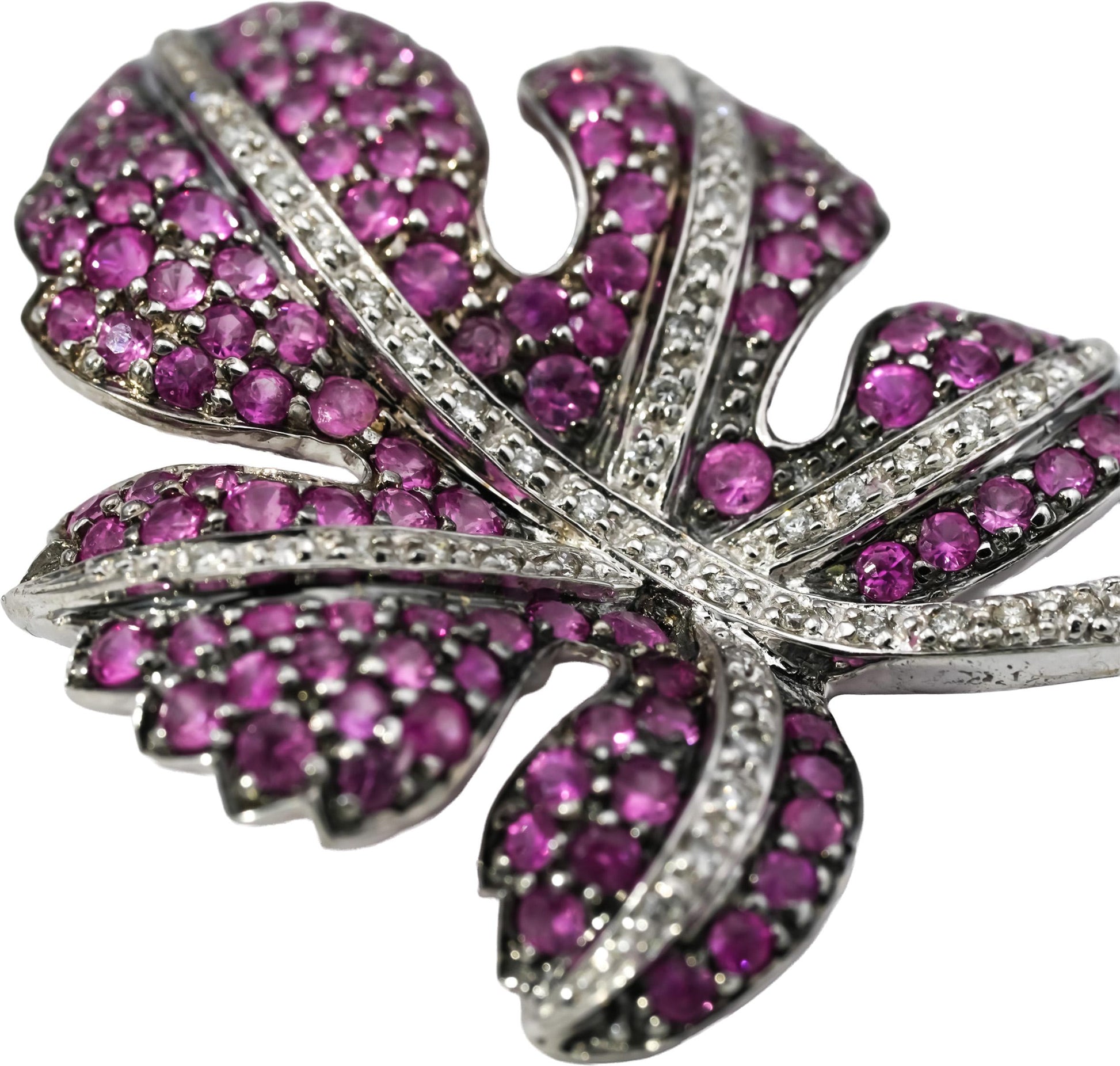 14k White Gold Diamond and Pink Sapphire Cluster Leaf Pendant 2.0CT