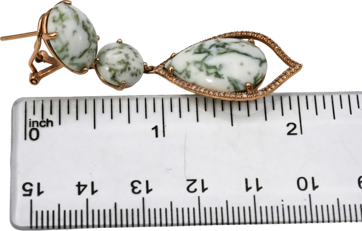 14k Rose Gold Diamond and Cabochon Tree Agate Drop Dangle Earrings 0.25CT