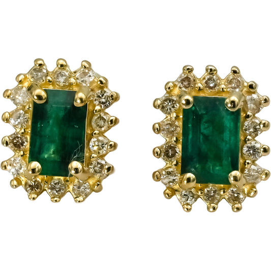 14k Yellow Gold Diamond and Emerald Stud Earrings 1.43CT