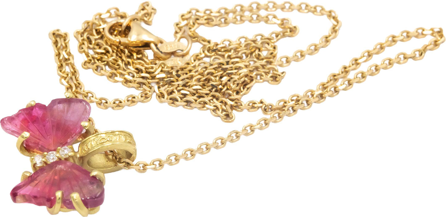 18k Yellow Gold Diamond and Pink Tourmaline Butterfly Pendant Necklace 4.06CT